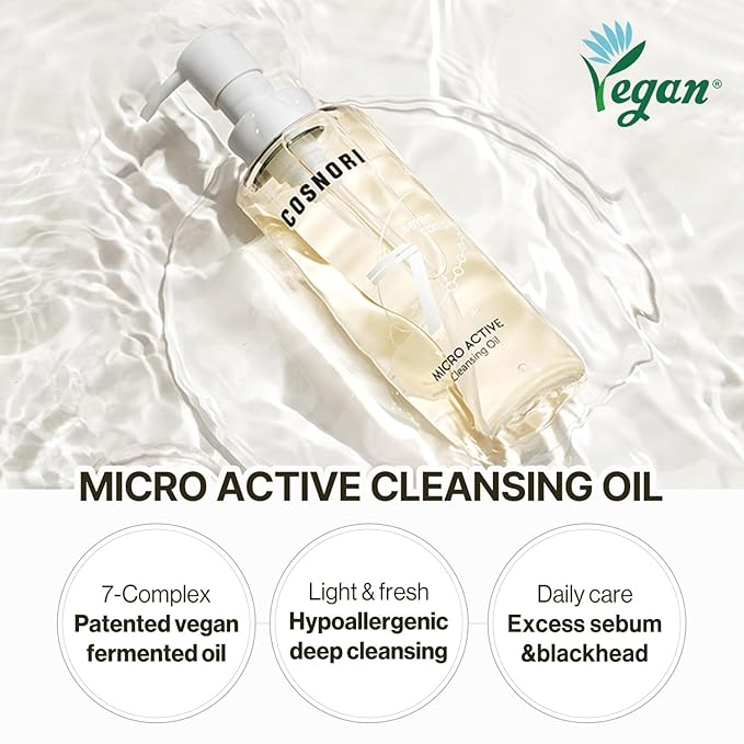 COSNORI Micro Active Cleansing Oil – Korean Vegan Facial Cleansing Oil, Fresh and Light Finish – Gentle Makeup Remover for Face, Hypoallergic, Fermented Oil Complexes, 6.7 fl.oz.