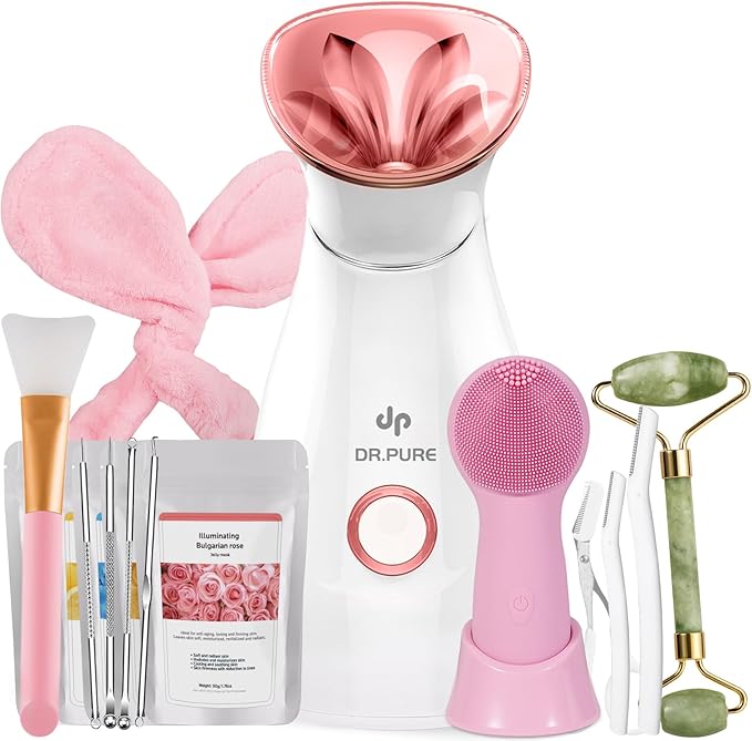 Facial Steamer Self-Care Gift Kit: Nano Ionic Face Steamer Deep Cleaning Unclogs Pores - Humidifier Hot Mist Spa Gifts for Women with 17 Skin Care Tools (Ageless Radiance Spa Kit)