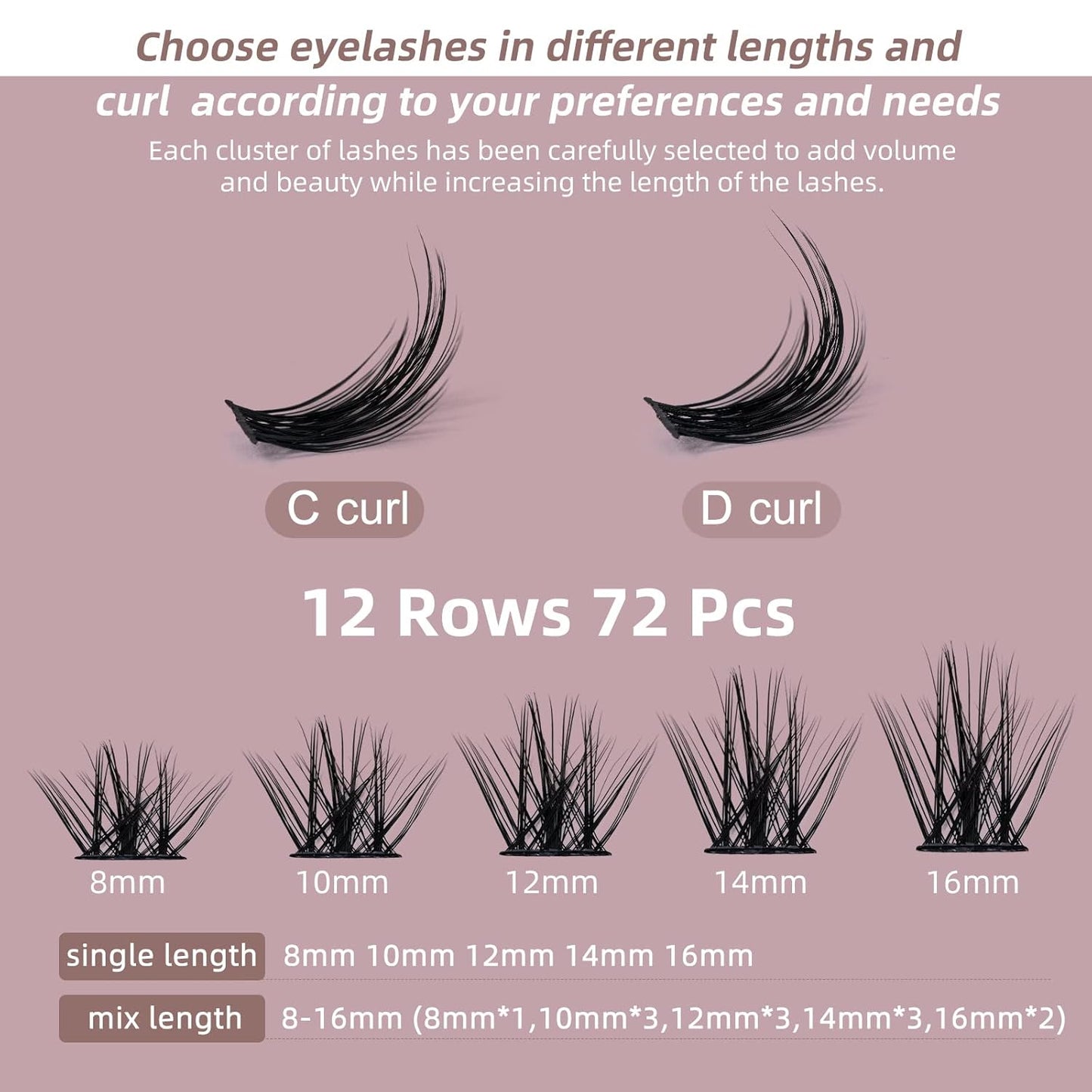 QUEWEL Cluster Lashes 72 Pcs Wide Stem Individual Lashes C/D Curl 8-16mm Length DIY Eyelash Extension False Eyelashes Soft for Personal Makeup Use at Home (Fluffy02-D-12)