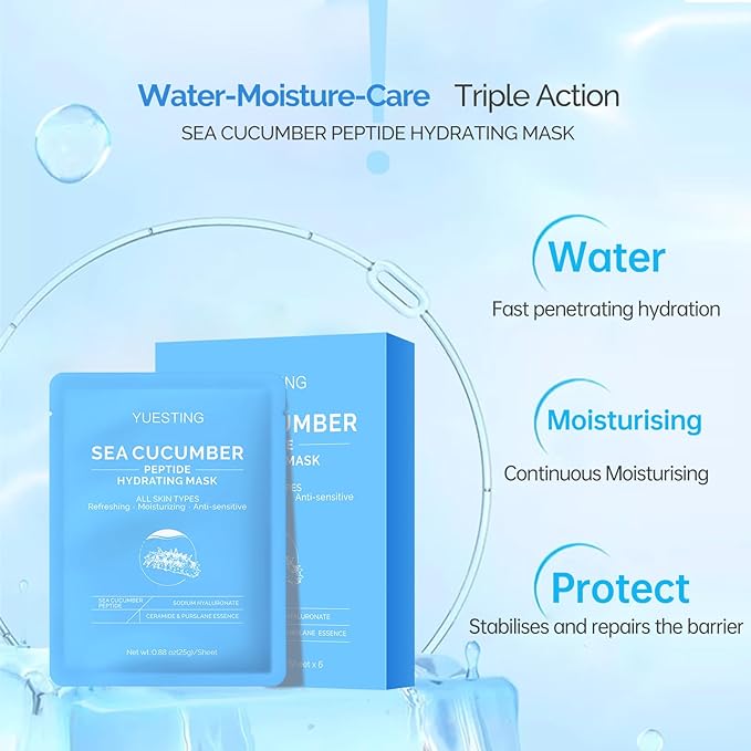 Face Mask Skincare 6 Pack,Sea Cucumber Peptide Facial Masks,Sodium Hyaluronate Ceramide Formulated Facial Masks Deep Moisturizing Face Masks