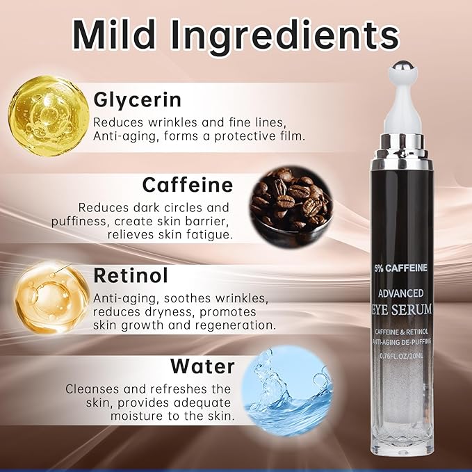 Caffeine Eye Cream for Puffiness & Dark Circles, Under Eye Cream for Puffy Eyes, Eye Bags & Wrinkles, 2 PCS Anti Aging Eye Serum with Under Eye Roller, Reduces Fine Lines & Moisturize Skin.