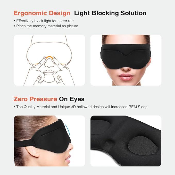Sleep Eye Mask for Men Women 3D Contoured Cup, Concave Molded, Block Out Light, Molded Soft Comfort Eye Shade with Adjustable Strap (KT-Black, 1 Count (Pack of 1))