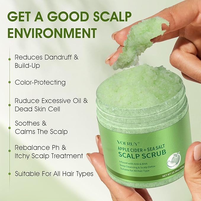 Apple Cider Scalp Scrub, 2-in-1 AHA & BHA Scalp Exfoliator Shampoo, Detox Treatment with Sea Salt, Clarify and Remove Build Up with Silicone Scalp Massager, 10.6oz/300g