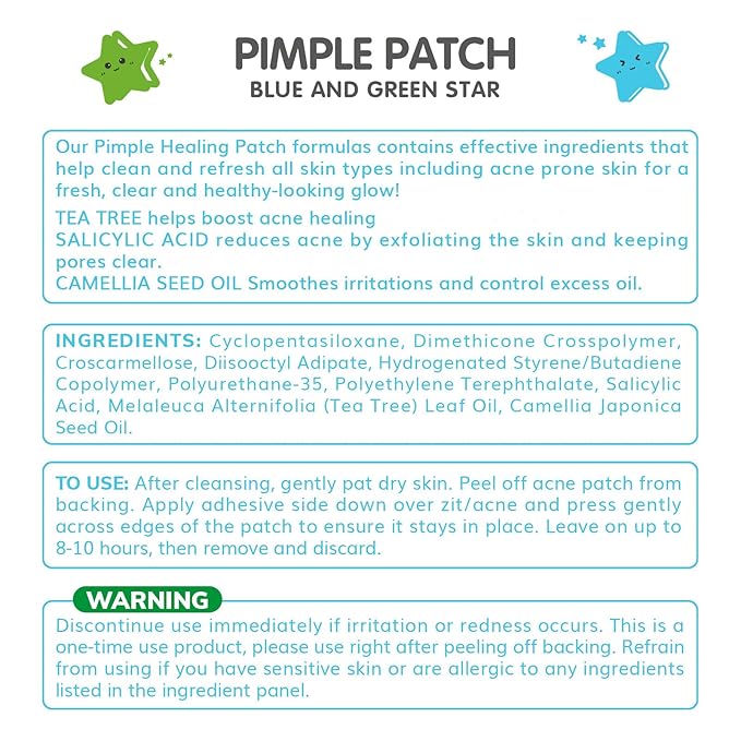 Star-Shaped Pimple Patch Hydrocolloid Acne Stickers with Tea Tree Oil + Salicylic Acid, Cover Dot for Acne Blemish, Pimples, Whiteheads, Zit, Draw out Oil & Impurities, 108 Dots, 12mm & 8mm