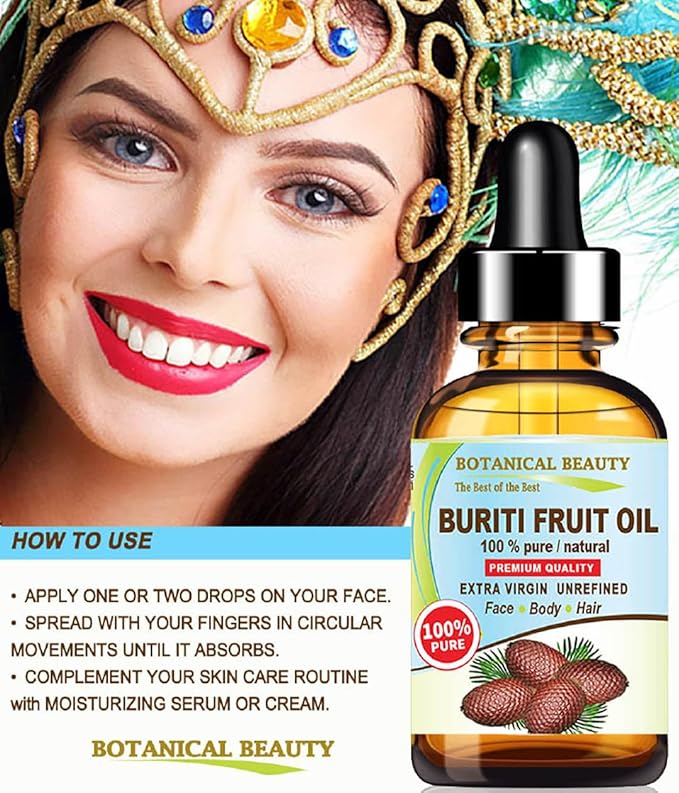 Botanical Beauty Brazilian BURITI FRUIT OIL 100% Pure Natural Virgin Unrefined Cold Pressed Carrier Oil Undiluted 0.33 fl.oz-10 ml for Face, Body, Hair, Lip, Nails