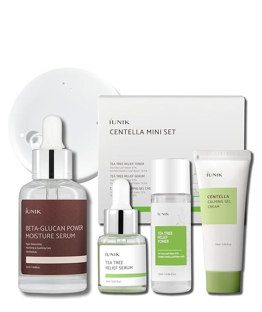 iUNIK Centella Mini Set, Travel Friendly Skincare Set, Ultra calming and hydrating for sensitive skin: Tea Tree Relief Toner,Serum, Centella Calming Gel Cream with Beta Seru