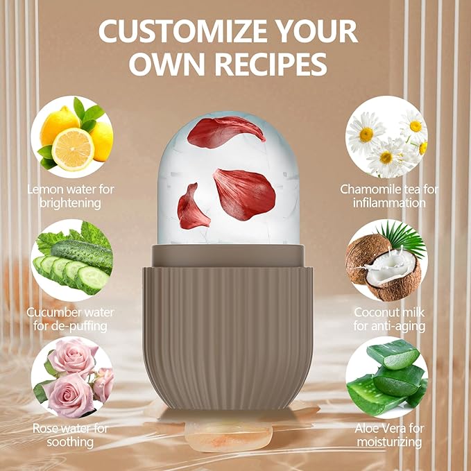 2pcs Ice Roller for Face and Eye, Silicone Ice Facial Roller Ice Holder, Face Ice Mold Skin Care, Face Icers Reusable Ice Cube Roller for Shrink Pores Anti Wrinkle Reduce Puffiness, Yellow Brown