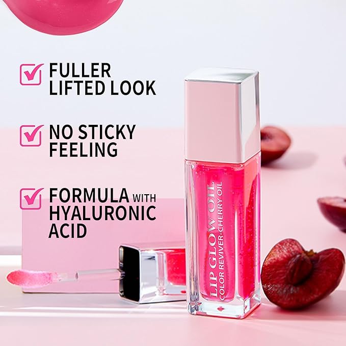 Plumping Lip Oil, Hydrating Gloss Tinted Lip Balm Transparent Lip Care, Big Brush Head Glitter Shine, Long Lasting Nourishing Non-sticky Fresh Texture(CHERRY)