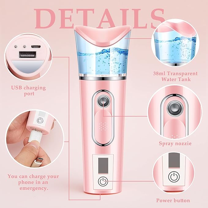 2 Pieces Handy Nano Mist Sprayer with Skin Analyzer Moisture Tester Portable Nano Facial Mister Face Steamer Atomization Mini Eyelash Extensions USB Rechargeable Moisturizing & Hydration for Skin Care