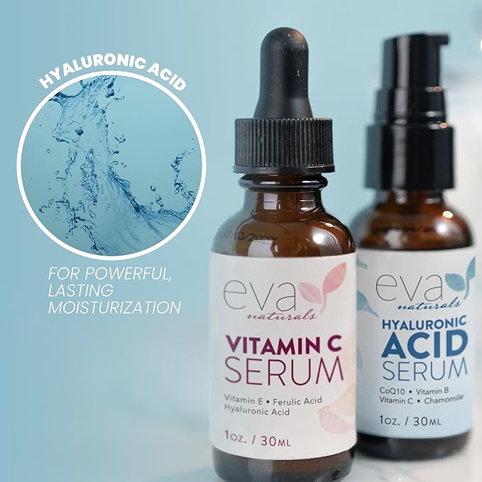Eva Naturals Hydrate and Brighten Skincare Bundle - Includes Hyaluronic Acid Serum and 20% Vitamin C Serum - Restores Lost Moisture, Plumps Skin while Toning and Smoothing the Complexion