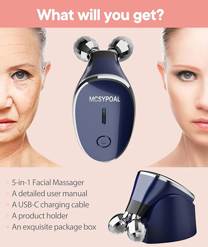 Microcurrent-Facial-Device, 5-in-1 Microcurrent Multifunctional Facial Massager, Face Roller Face Massager for Skin Care, Royal Blue