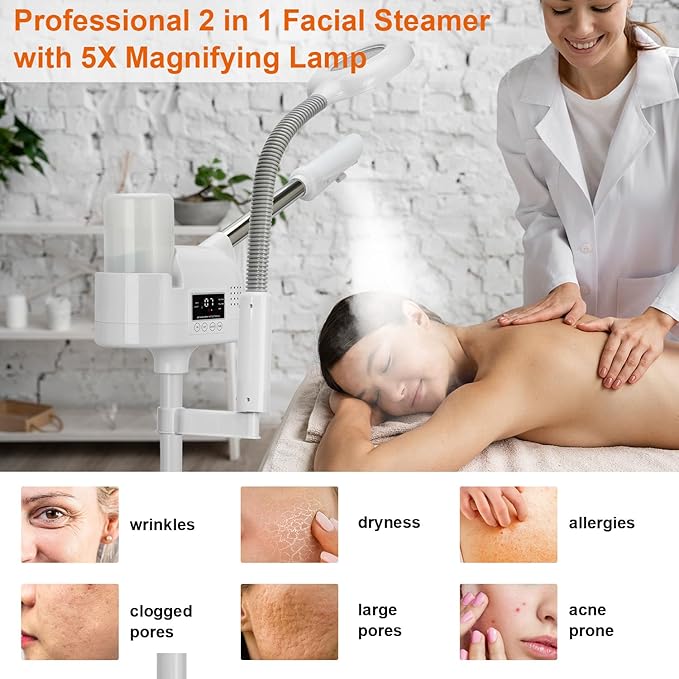 Professional Facial Steamer with 5X Magnifying Lamp, 2 in 1 Facial Steamer Upgrade PTC Heating, Esthetician Steamer Mist Face Steamer for Salon Spa Beauty Skin Care