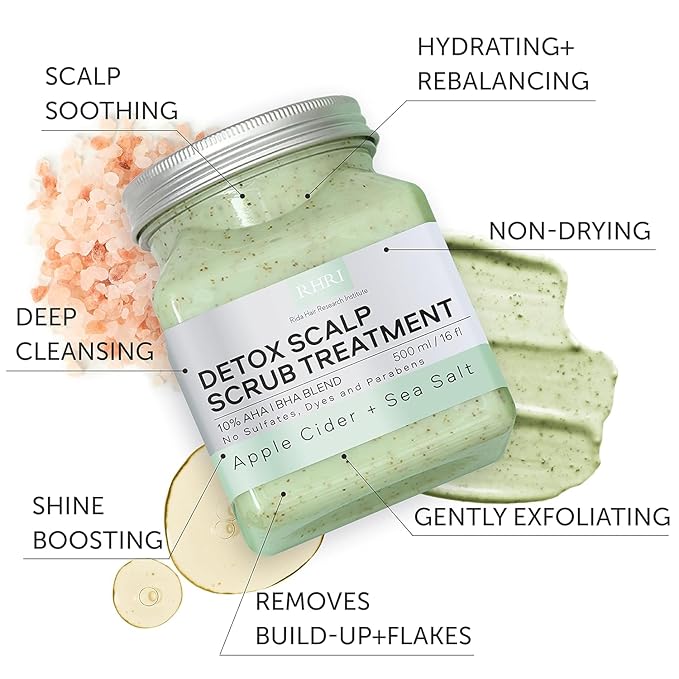 Apple Cider & Sea Salt Green Scalp Scrub Sulfate-Free | 10% AHA & BHA | Exfoliating Hair & Scalp Treatment for Detox, Dandruff & Build-Up | Scalp Exfoliator Hair Scalp Scrub | Refreshing ( 16 Fl Oz )