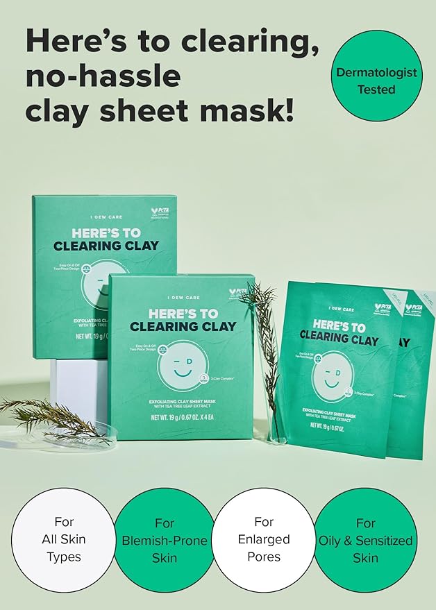 I DEW CARE Face Sheet Mask - Here's To Clearing Clay | Daily Exfoliate, Decongest, Minimize Pores, Soothe, Infused with 3-Clay Complex, Tea Tree, Centella Asiatica, Moisturizing, 4ea
