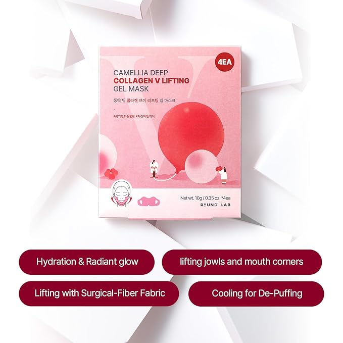 ROUND LAB Camellia Deep Collagen V Lifting Gel Mask 10g/0.35oz *14EA | face toning belt, collagen v-line mask, improves sagging skin, lifting & firming, double-chin mask, instant cooling & depuffing