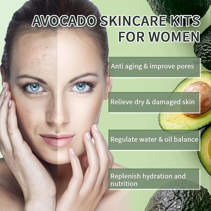 Avocado Skin Care Set, 9-In-1 Travel Skincare Kits for Hydrating & Soothing Skin, Daily Care Routine Kit with Avocado, Anti Aging Facial Kit for Women, Reduces Acne, Fine Lines & Wrinkles.