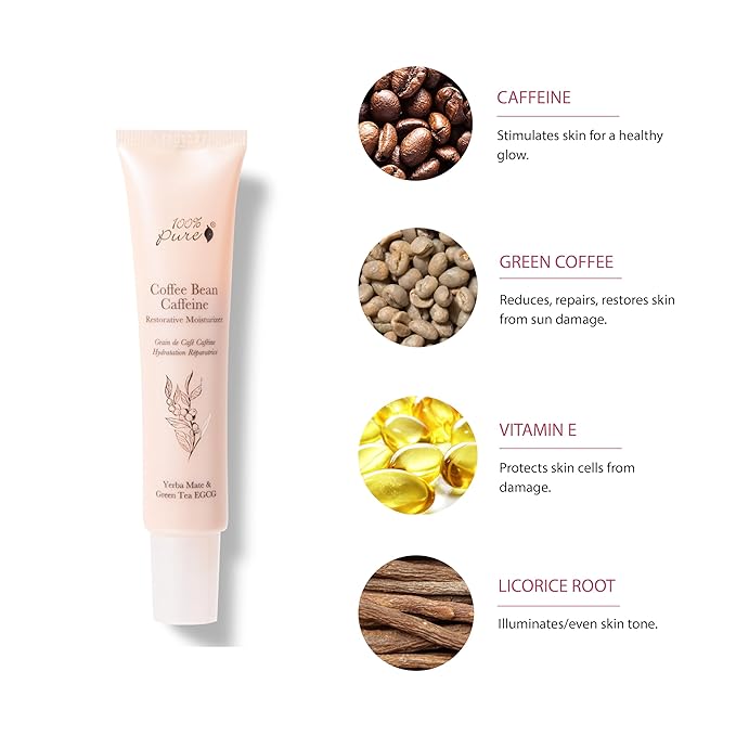 100% PURE Coffee Bean Caffeine Face Cream Glowing Skin Care Anti Aging Youthful Boost Caffeinated Facial Moisturizer with Hyaluronic Acid & Niacinamide for Women & Men - 1.7 fl oz