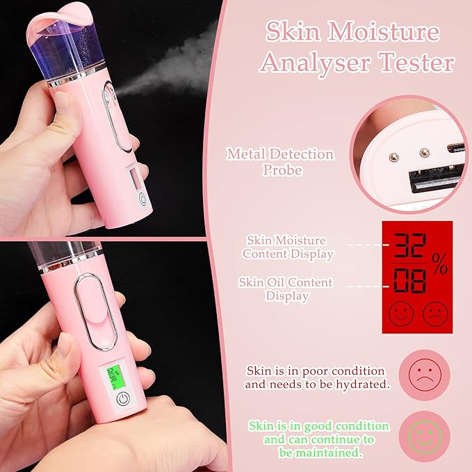 2 Pieces Handy Nano Mist Sprayer with Skin Analyzer Moisture Tester Portable Nano Facial Mister Face Steamer Atomization Mini Eyelash Extensions USB Rechargeable Moisturizing & Hydration for Skin Care