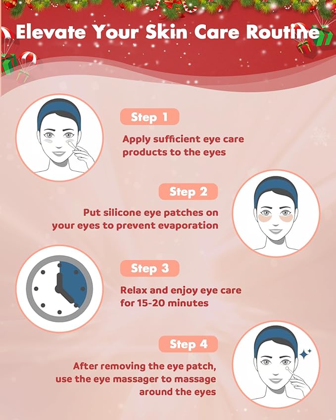 2 Pairs Reusable Under Eye Wrinkle Patches Silicone Mask, Plump Fine Lines & Wrinkles, with Metal Eye Cream Applicator, Tin Case, Christmas Red