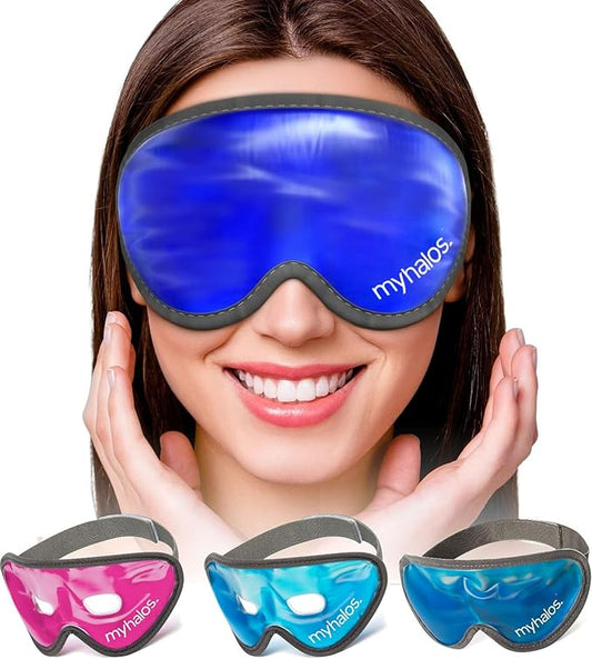 MyHalos® Gel Eye Mask - Reusable Cold Eye Mask with Adjustable Straps- Our Soothing Eye Gel Mask Helps Puffy Eyes, Dark Circles and Hangovers - Our Eye Ice Pack Also Relieves Sinus Pain & Headaches