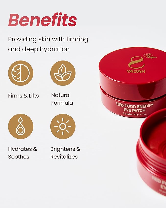 YADAH Red Food Energy Eye Patch 60 Pairs - Hydrogel Under Eye Mask with Pomegranate & Ginseng for Firming, Hydration & Puffiness Reduction.