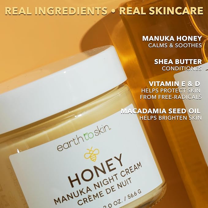 Earth To Skin Honey Manuka Calming Night Cream – Nourishing Moisturizer with Shea Butter, Macadamia Oil & Glycerin – 2.0 fl oz