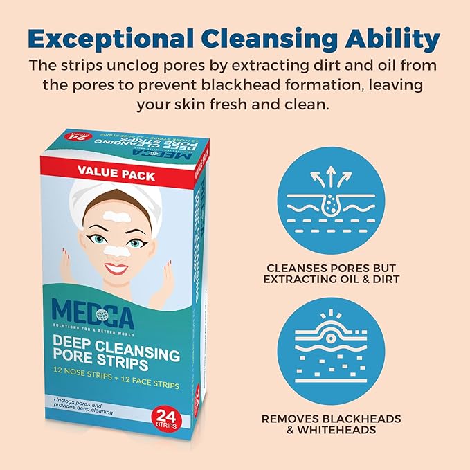 MEDca Deep Cleansing Blackhead Pore Strips - Pack of 24 Peel - Off Blackhead Remover and Pore Unclogging Strips for Nose and Face, Chin, Forehead & Healthier Looking Skin