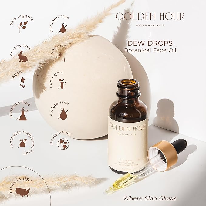 All Natural Organic Skin Care Products Made in USA, Vegan, Cruelty Free Face Oil, Moisturizing + Hydrating Facial Oil Moisturizer with Rose Hip Seed Oil, 1fl oz/30ml, Dew Drops
