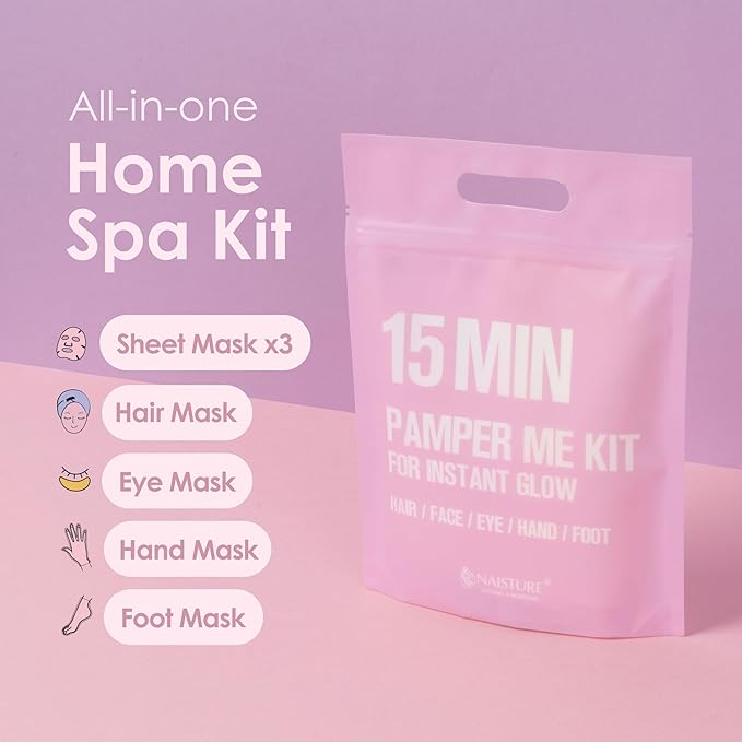 15 Min Pamper Me Kit by Naisture – Korean Spa and Skincare Kit for Women with Hair Mask, Hand and Foot Masks, Eye Mask, and Face Masks