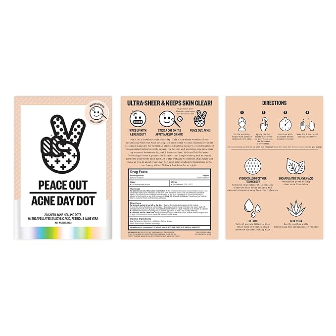 PEACE OUT Acne Day Dot, Sheer Acne Healing Dots, Virtually Invisible Wear, Hydrocolloid Pimple Patches Helps Clear Blemishes Quickly with Encapsulated Salicylic Acid, Retinol & Aloe Vera, 20 dots