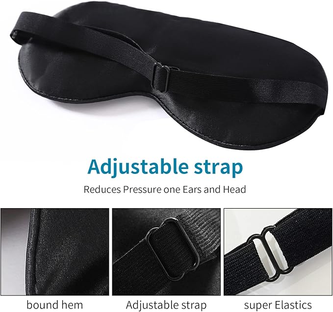 2-Pack 100% Real Natural Silk Eye Mask, Silk Sleeping Mask, Shade Puffy Eye Gift with Adjustable Straps, Sleep Eye Mask, SHJINJU Eye Mask Shade (Black and Champagne)