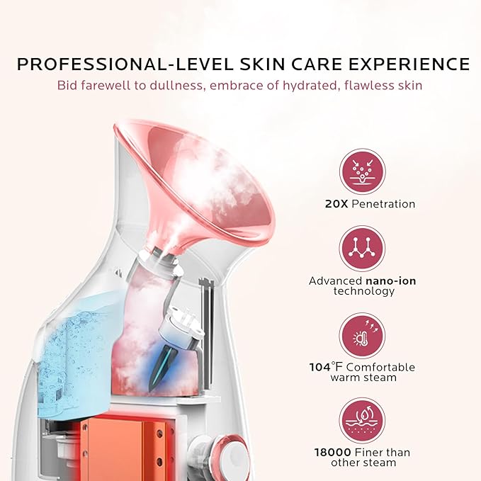 Facial Steamer Self-Care Gift Kit: Nano Ionic Face Steamer Deep Cleaning Unclogs Pores - Home Sauna Spa Humidifier Hot Mist for Women Men Sinus Moisturizing (Rose Gold)