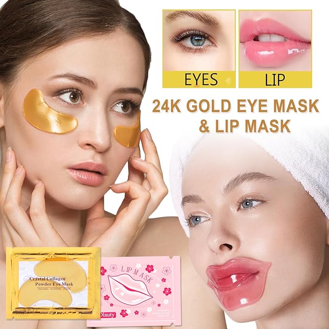 30 Pairs Lip Masks & 24K Gold Eye Mask, Gel Crystal Collagen Eye Patches for Puffy Eyes, Moisturizing & Reducing Fine Lines Dark Circleeye Patches for Dark Circles and Puffiness