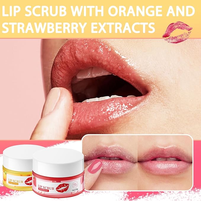 Strawberry and Orange Flavour Lip Scrubs Set,2 Pack Hydrating Lip Scrubber Exfoliator,Lip Moisturizer Care Product for Chapped Dry Dark Lips