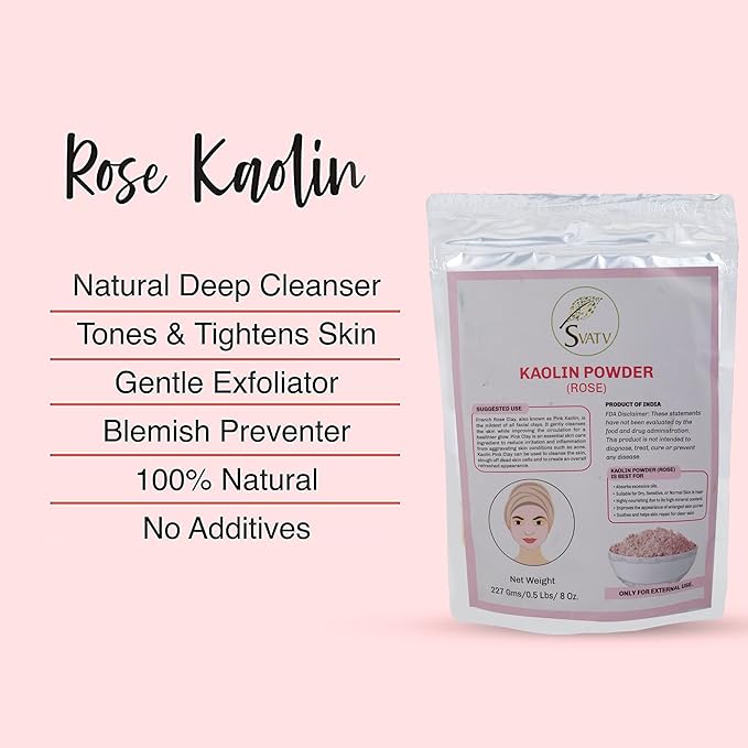 SVATV Kaolin Clay Rose Natural For Face Mask Herbal Skin Face Powder Makeup, Bath Bomb Clay, DYI Spa Mud Mask For Face & Hair & Soap Making For Men & Women 227g, Half Pound
