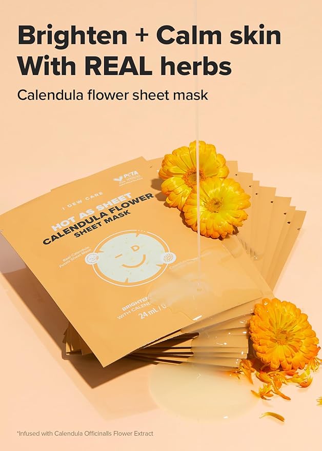 I DEW CARE Real Herb Calendula Sheet Face Mask - Hot As Sheet | Korean Face Masks Skincare, Moisturizing and Calming for Dry Skin with Calendula Flower Extract, 2% Niacinamide, 10EA