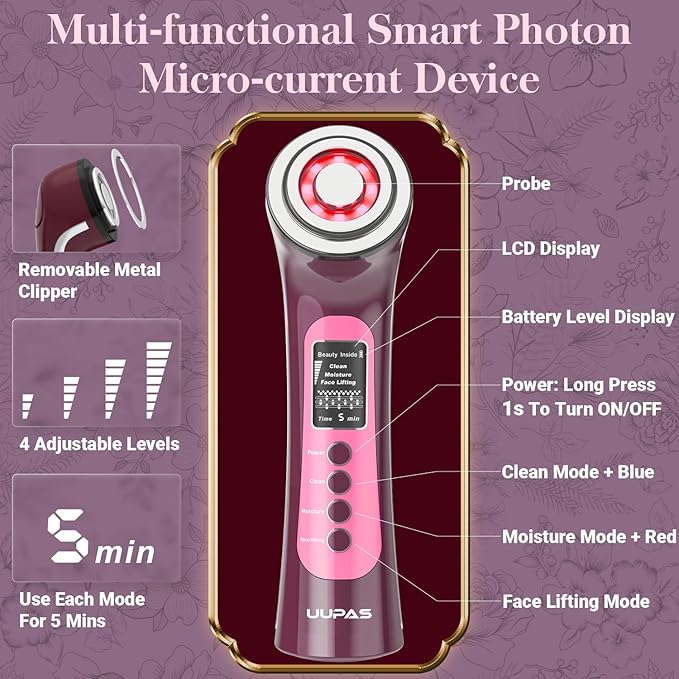 UUPAS Smart Photon Micro-Current LED Red Blue Light Therapy Wand for Face - Microcurrent Facial Device