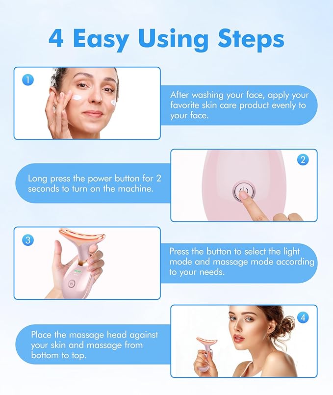 Red-Light-Therapy-for-Face-and-Neck, 7 Color Face Massager Tool for Wrinkles, Double Chin, Vibrating Facial Massager with Thermals for Skin Care, Glossy Pink