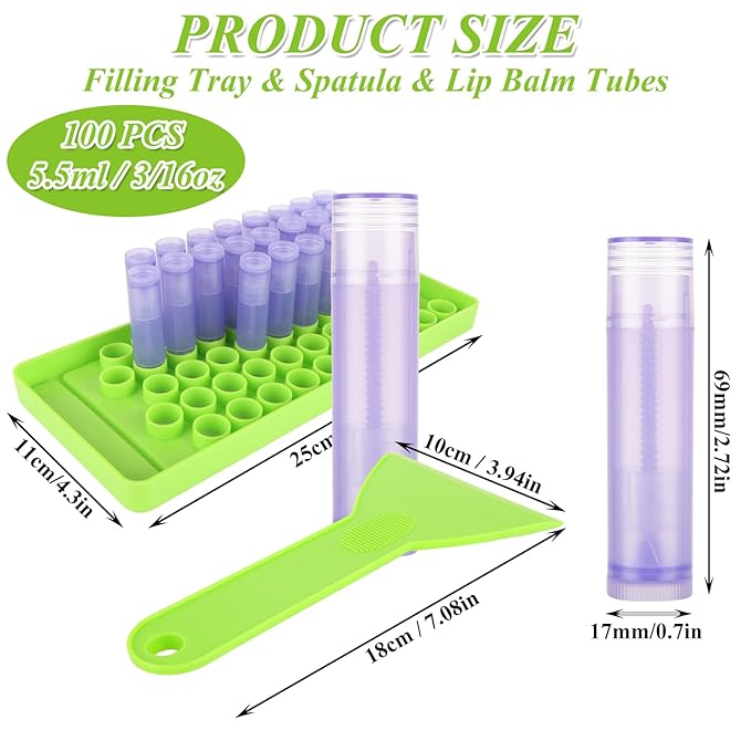 Lip Balm Tubes with Filling Tray and Spatula, 100PCS 5ml Purple Lip Balm Containers with White Caps, DIY Lip Care Balms Making Tray and Spatula for Women Girl Cosmetics Makeup