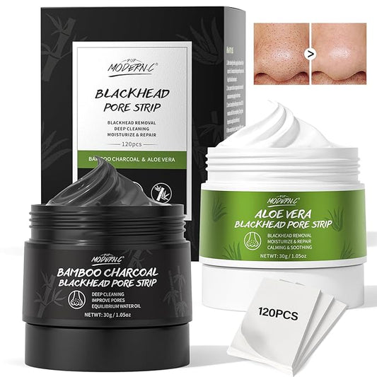 Blackhead Pore Strip 2pcs Aloe Vera Blackhead Remover Strip Bamboo Charcoal Nose Pore Strips Deep Cleaning Whitehead Strawberry Noses Blackhead Remover Face Mask Shrink Pores With 120pcs Paper