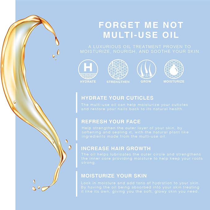 Multi-Use Oil for Face, Body and Hair - Forget Me Not - Organic Blend of Apricot, Vitamin E and Sweet Almond Oil Moisturizer for Dry Skin, Scalp and Nails - Peach, Mandarin and Green Tea - 4 Fl Oz