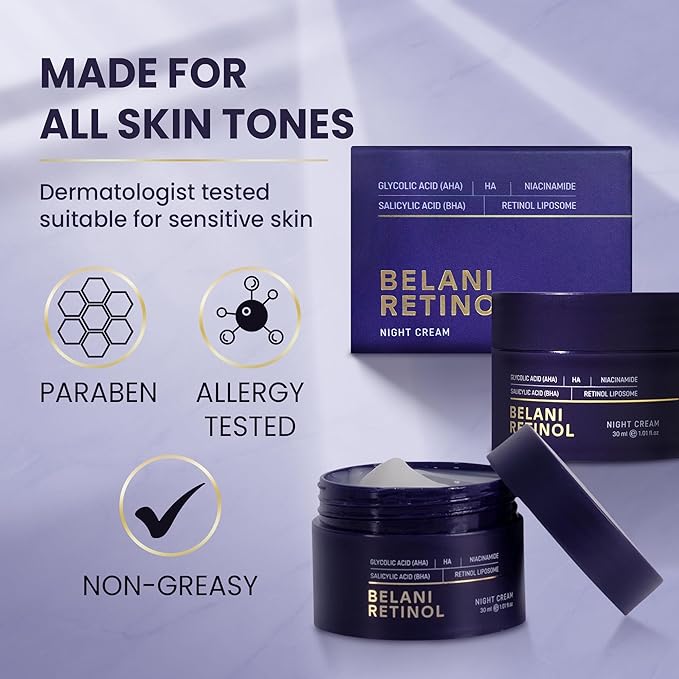 ABERA BELANI Retinol Night Cream For Women, Dark Spot Remover, Melasma Treatment, Reduce Fine Lines, Anti-Wrinkle, Anti-Aging Neck and Décolleté For Face (1 Box + Gift Eyelash Serum)