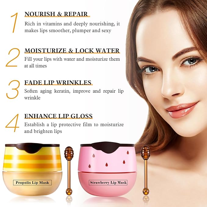 2 PCS Honey Lip Balm Pot, Strawberry & Honey Lip Mask, Reduces Lines, Hydrate & Moisturizing Skin Care, Prevention Dry Cracked Lips Repair Treatment