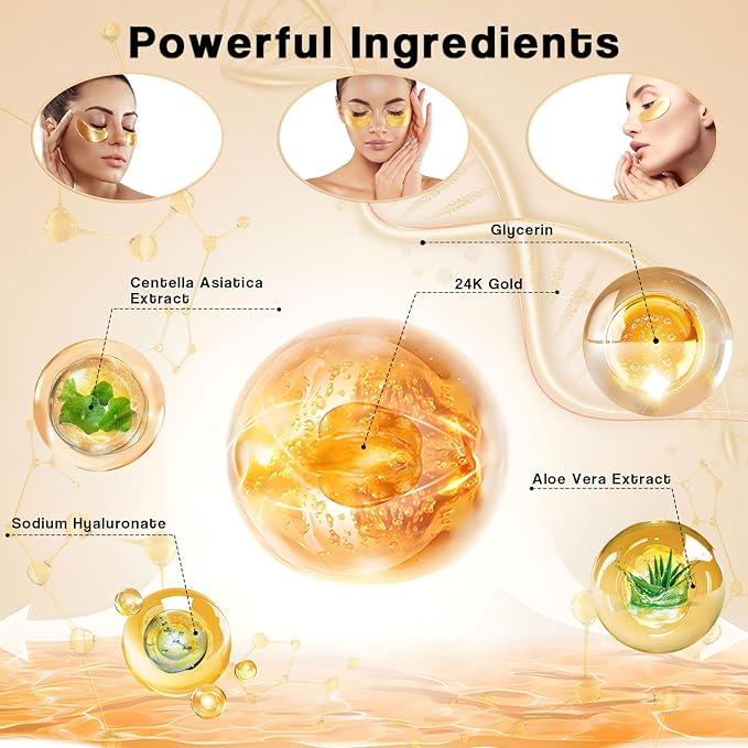 24K Gold Eye Mask (60PCS) – Gold Eye Patches for Puffy Eyes & Dark Circles, 24K Gold Under Eye Masks for Dark Circles and Puffiness, Eye Gel Pads w/Collagen,
