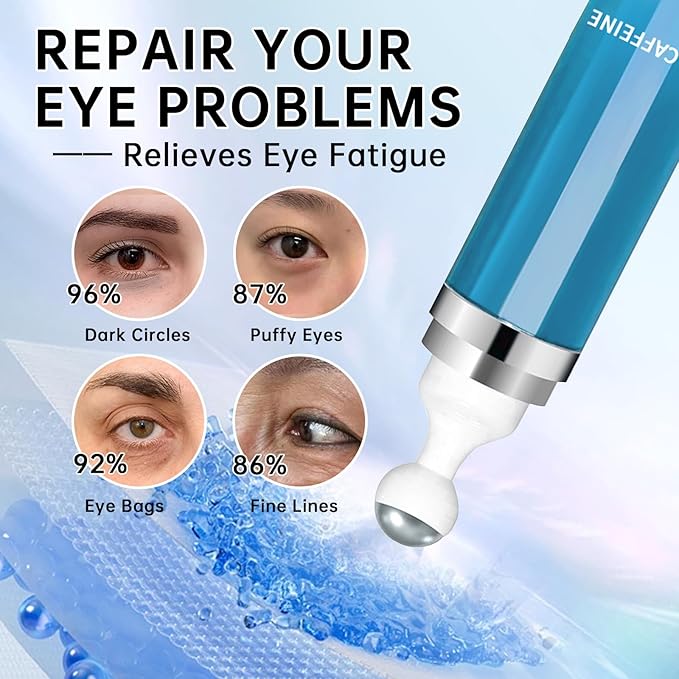 5% Caffeine Eye Cream Anti Aging, Eye Cream For Puffiness & Bags Under Eyes, 2 PCS Caffeine Eye Serum With Under Eye Roller For Wrinkles, Fine Lines & Dark Circles, Natural Eye Daily Care.