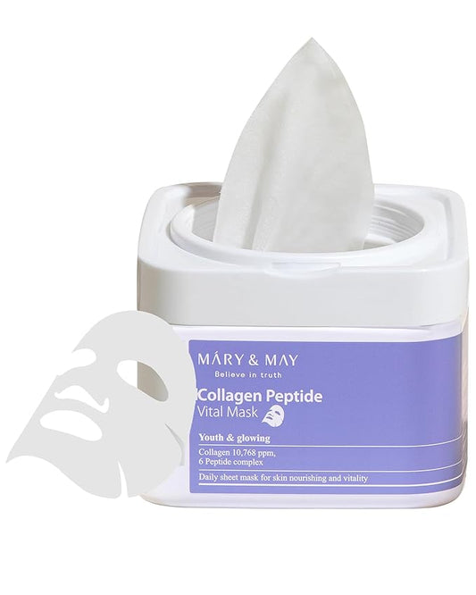 Mary&May Collagen Peptide Vital Mask - Daily Pull-Out Sheet Mask for Wrinkle Improvement, Firming, and Elasticity with Low Molecular Collagen - Korean Skincare, Hypoallergenic Formula, 30 Sheets