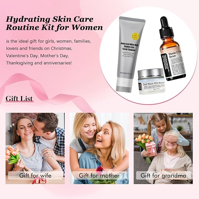 3 Step Facial Skin Care Kit with Snail Mucin Moisturizer & Vitamin C Facial Serum & Amino Acid Facial Cleanser - Korean Skin Care Set - Skincare for Teens10-12 - Skin Care Kit for Women All Skin Type