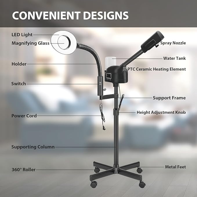 Professional Facial Steamer 2 in1 Steamer for Face 5X LED Magnifying Lamp Facial Steamer for Esthetician Beauty Face Equipment Use at Home or Salon（Black）