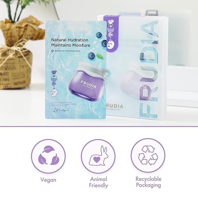 FRUDIA Blueberry Hydrating Mask Sheets (10 Pack), Korean Face Masks with 55% Blueberry Extract, Vegan Panthenol & WS BS Care EX for Deep Moisturizing & Soothing Skin