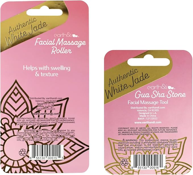 Earth & I White Jade Roller & Face Guasha Set 2pc, at Home Spa Essentials, Women Self Care, Face Tool for Lymphatic Drainage, Gua Sha Roller, Gusha, Facial Gua Sha Tool, Spa Accessories for Women